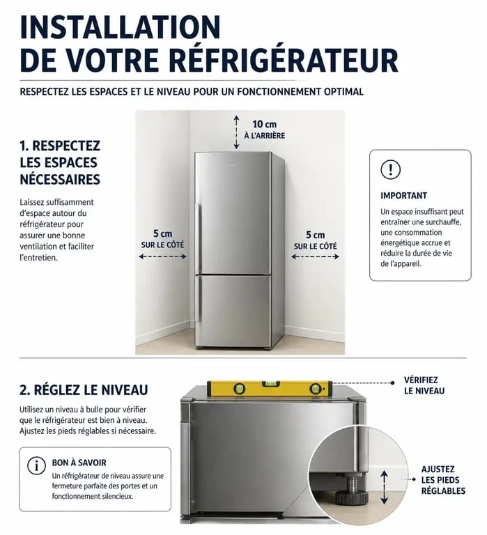 Schéma technique des règles d'installation d'un frigo pour une performance optimale