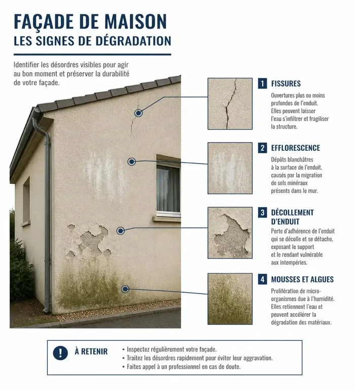 Infographie illustrant les signes de dégradation d'une façade nécessitant un ravalement de façade
