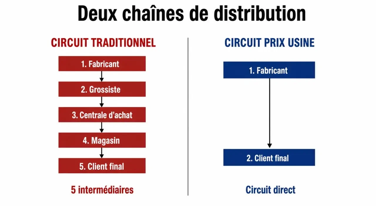 Schéma comparatif du circuit de distribution d'un frigo américain prix usine versus circuit traditionnel