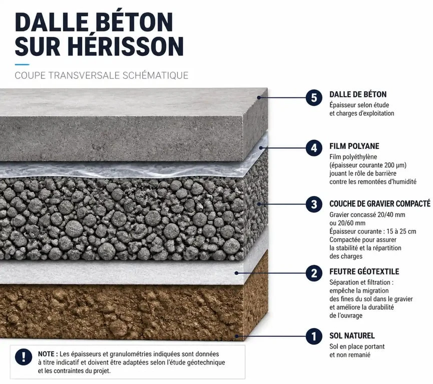 Schéma technique de la structure d'un hérisson en gravier sous une dalle béton