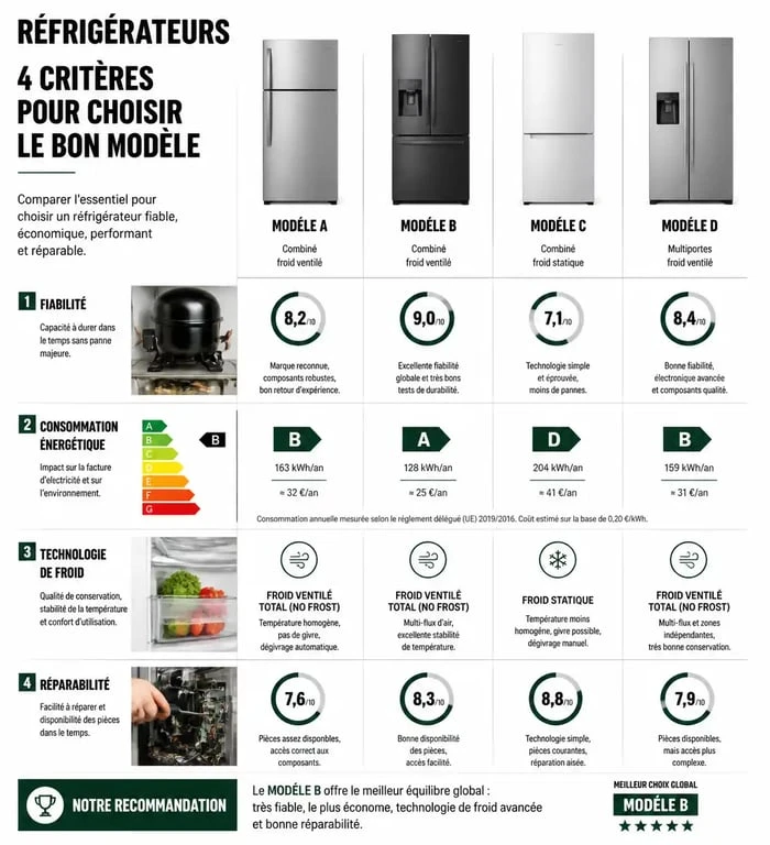 Infographie comparative pour choisir la meilleure marque de réfrigérateur selon la fiabilité et la consommation énergétique