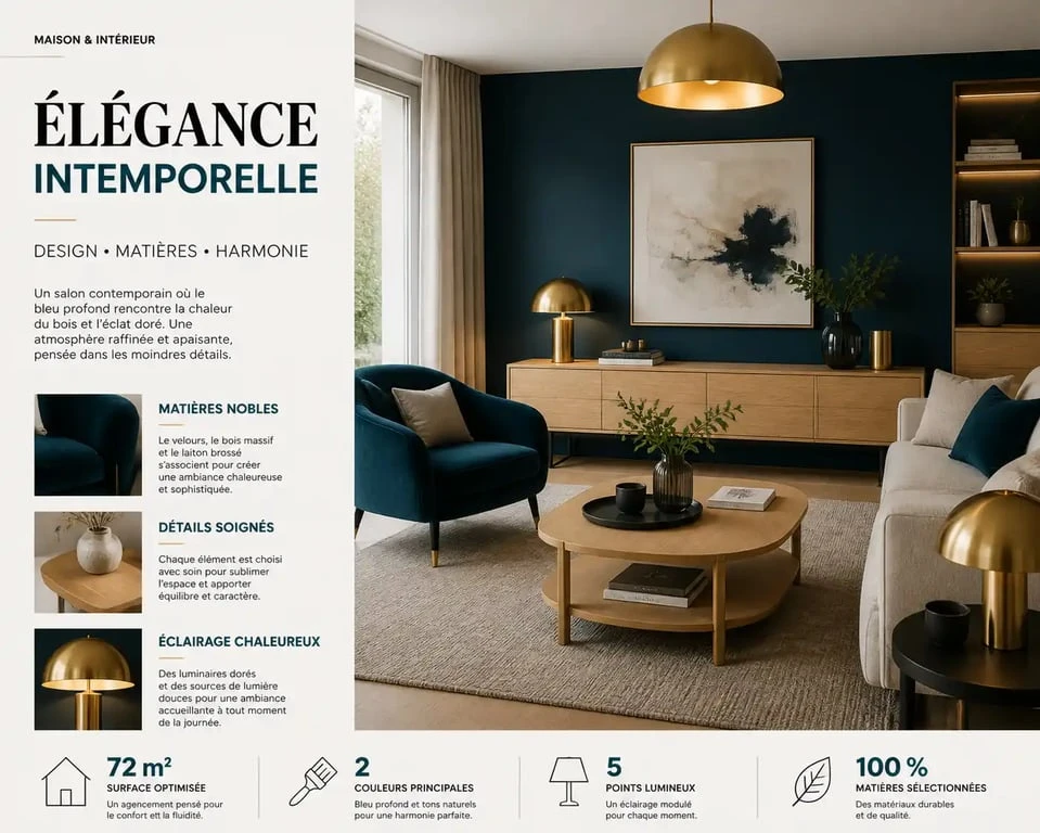 Salon moderne avec un mur d'accent en bleu canard foncé, décoration élégante et chaleureuse