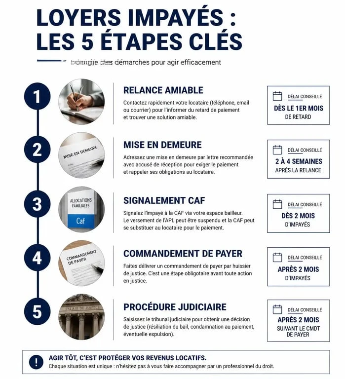 Chronologie des démarches en cas de non paiement des loyers pour les propriétaires bailleurs