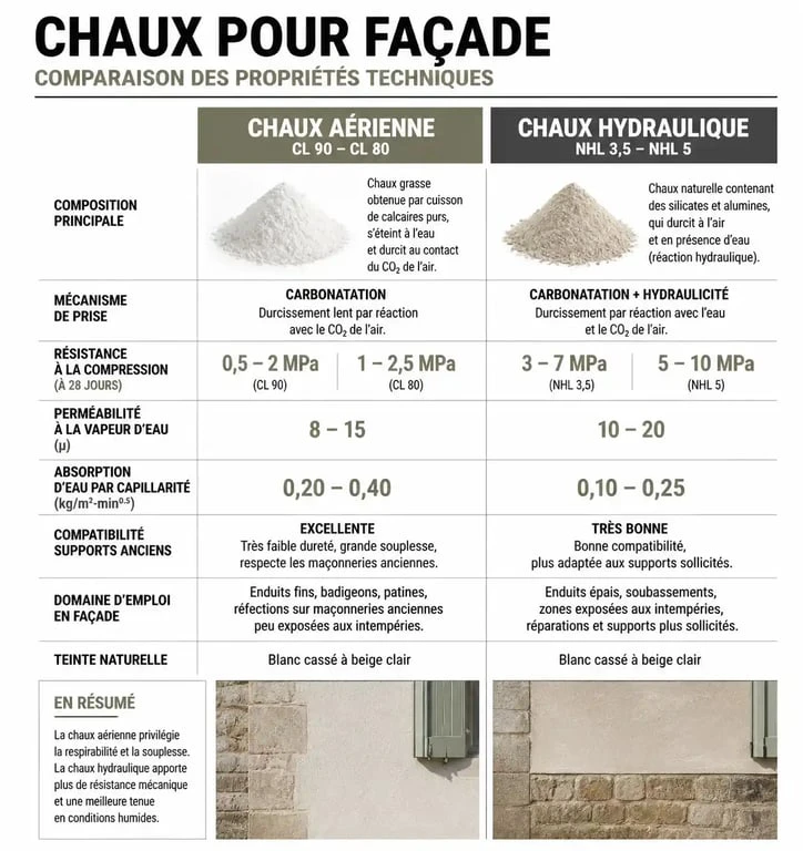 Comparatif technique entre chaux aérienne et hydraulique pour enduit à la chaux façade