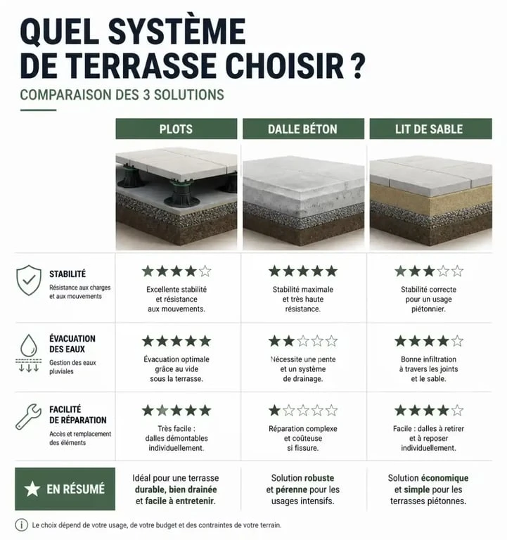 Comparatif des systèmes de terrasse : inconvénients et avantages de la terrasse sur plots