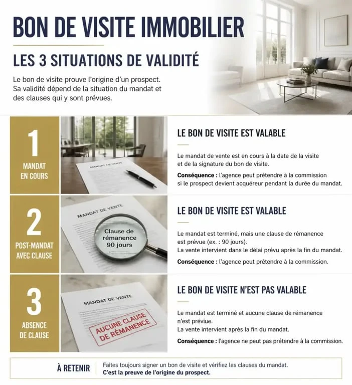 Infographie sur la durée de validité d'un bon de visite agence immobilière et les risques de contournement