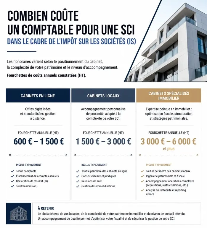 Comparatif des tarifs annuels d'un expert-comptable pour une SCI à l'IS selon le type de prestataire