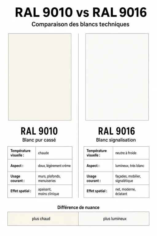 Comparatif visuel des teintes de peinture RAL 9010 et RAL 9016 pour choisir la bonne nuance de blanc
