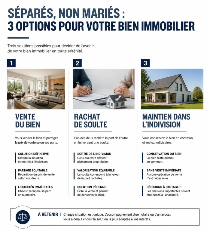 Infographie des trois options de séparation pour un couple non marié possédant une maison