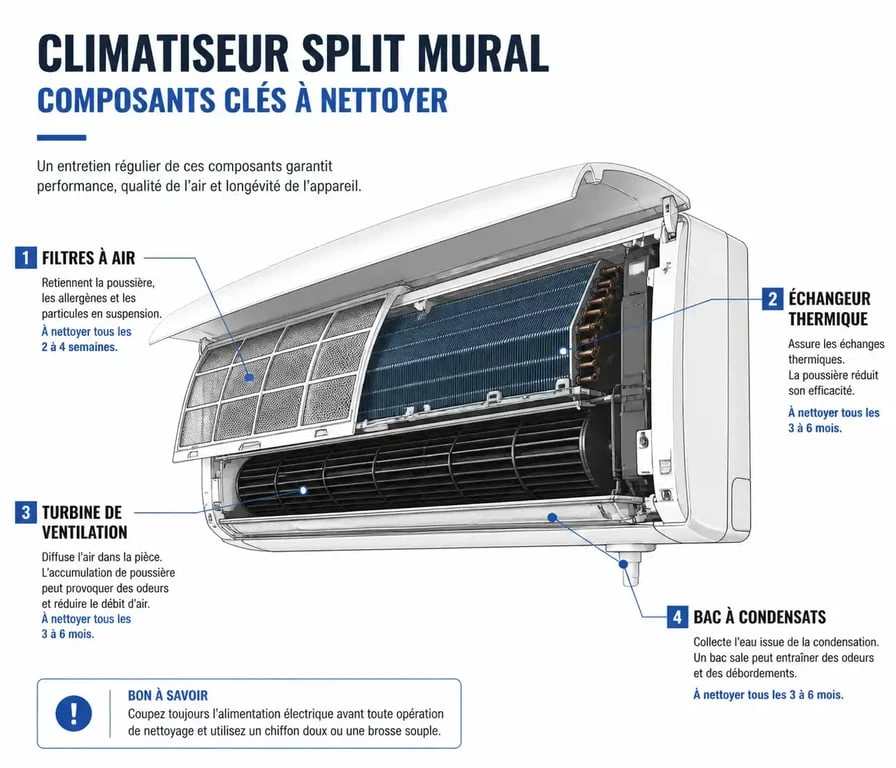 Schéma des composants d'un climatiseur split pour le nettoyage et l'entretien