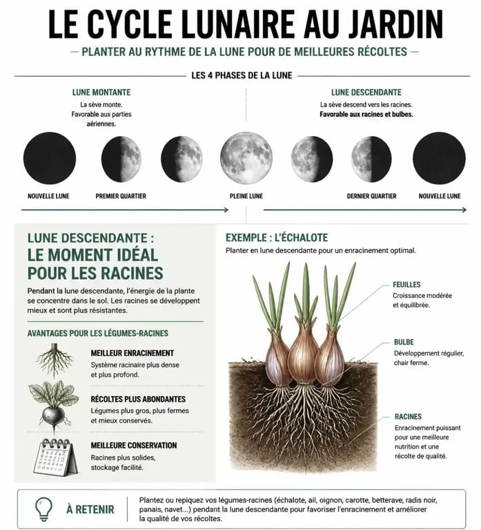 Infographie expliquant quand planter les échalotes avec la lune pour optimiser la croissance des racines
