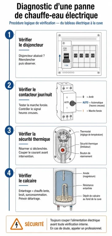 Schéma de diagnostic pour panne d'eau chaude : étapes de vérification pour chauffe-eau électrique