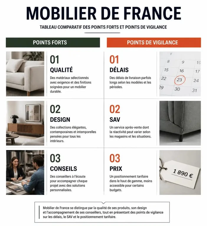 Tableau récapitulatif des avis sur Mobilier de France : points forts et points de vigilance pour les consommateurs