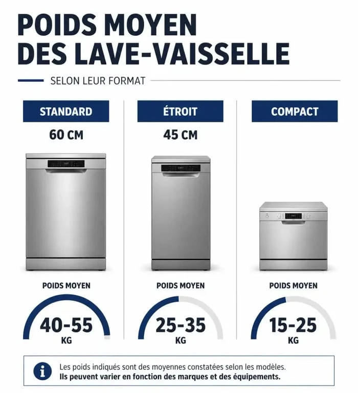 Infographie du poids moyen d'un lave-vaisselle selon le type et la taille pour faciliter le transport et l'installation.