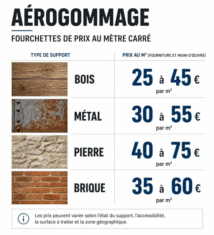 Tableau comparatif des prix de l'aérogommage au m2 selon le type de support