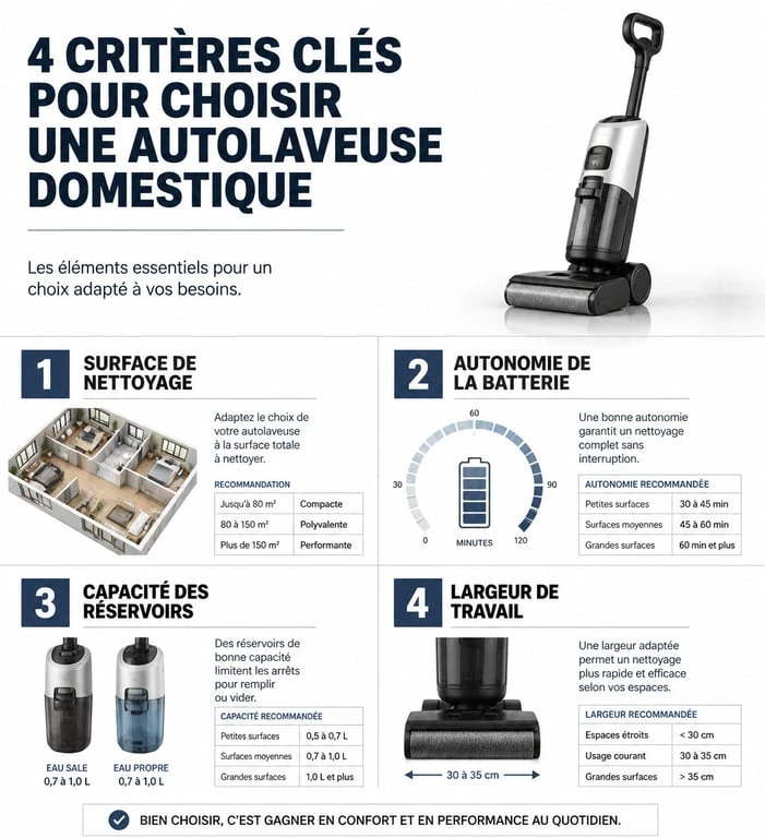 Infographie des critères de choix pour la meilleure autolaveuse particulier