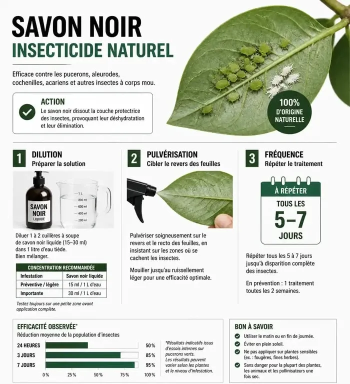 Infographie illustrant comment utiliser le savon noir comme insecticide pour le jardin