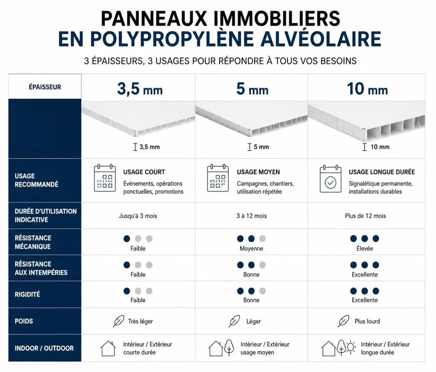 Comparatif des épaisseurs de panneaux pour agence immobilière : 3,5 mm, 5 mm et 10 mm pour une signalétique durable.