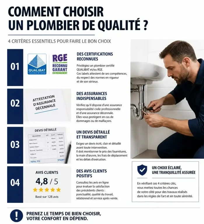 Infographie des critères pour identifier un plombier de qualité et garantir une intervention fiable