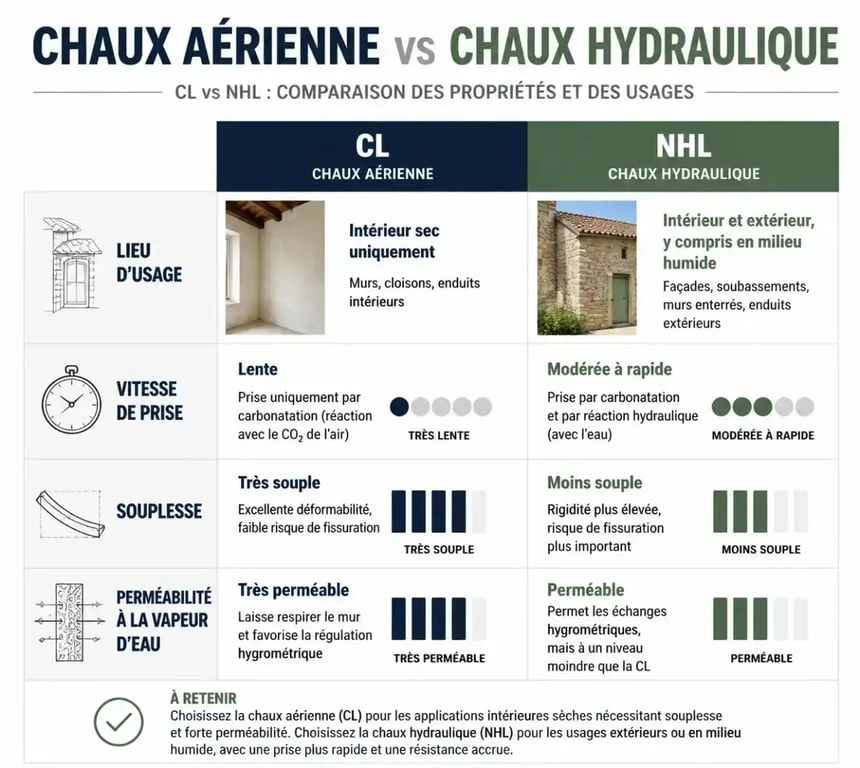 Comparatif technique entre enduit à la chaux aérienne et chaux hydraulique