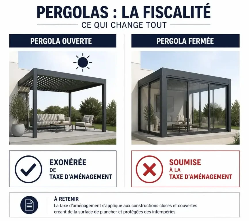 Infographie comparative de la taxe pergola : pergola ouverte vs pergola fermée