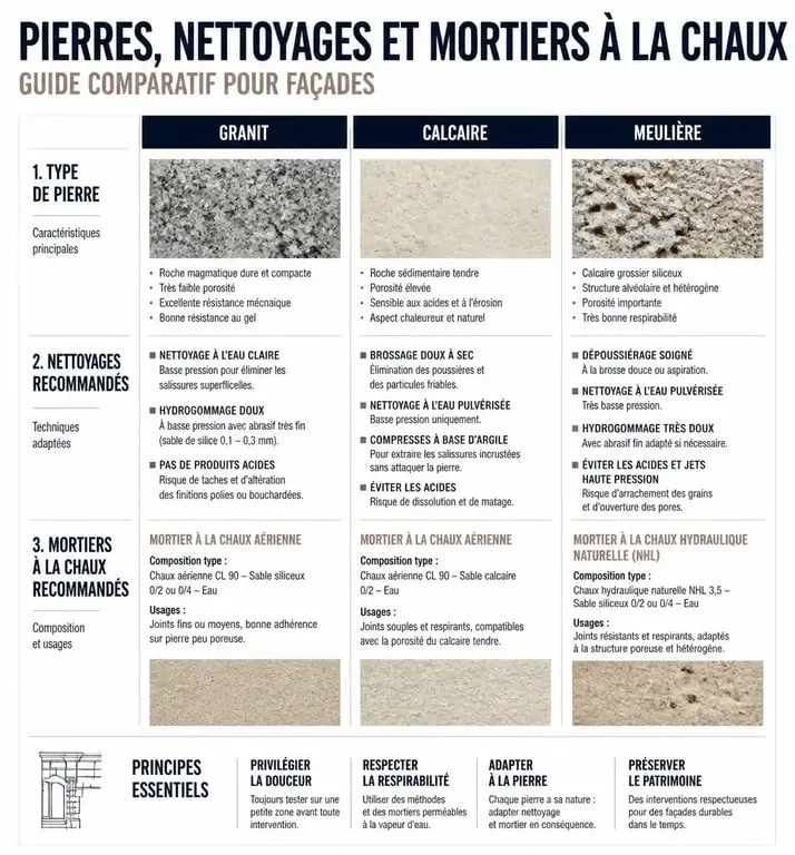 Tableau récapitulatif des techniques de rénovation pour façade en pierre apparente