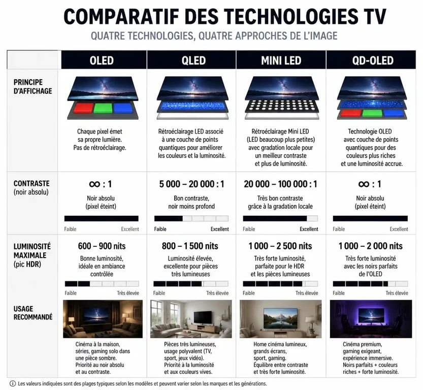 Infographie comparative des technologies TV OLED, QLED, Mini LED et QD-OLED pour choisir sa technologie TV