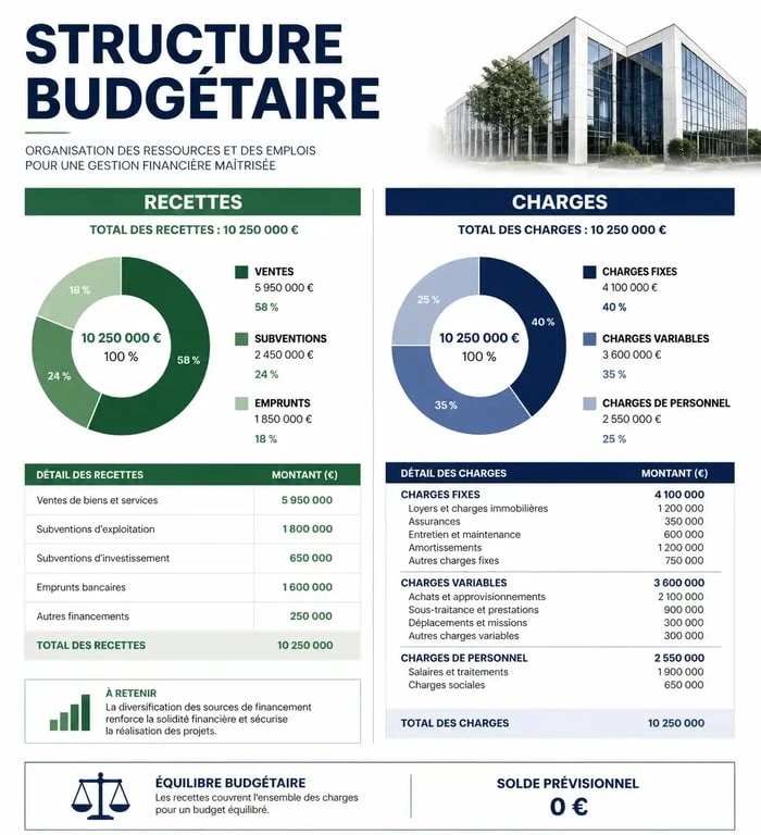 Exemple de structure d'un budget prévisionnel d'entreprise avec recettes et charges