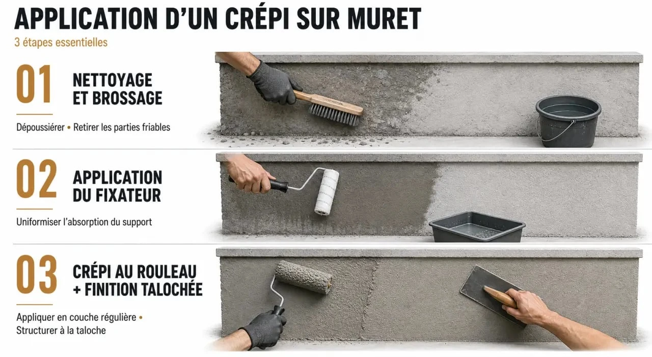 Étapes de pose d'un crépi sur un muret extérieur