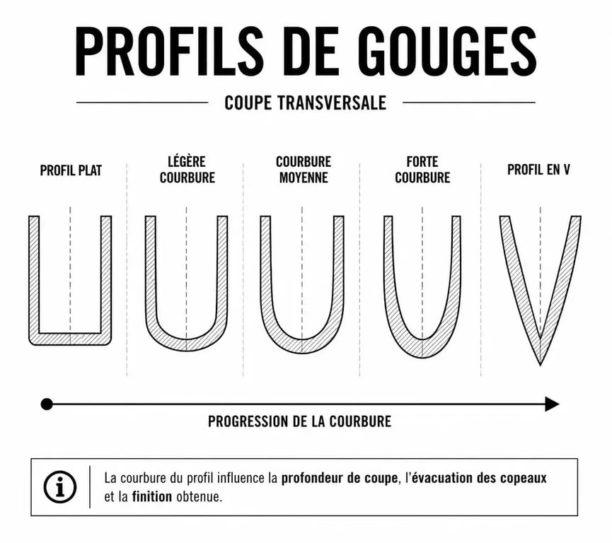 Schéma des différents profils de gouges pour la sculpture et le tournage sur bois