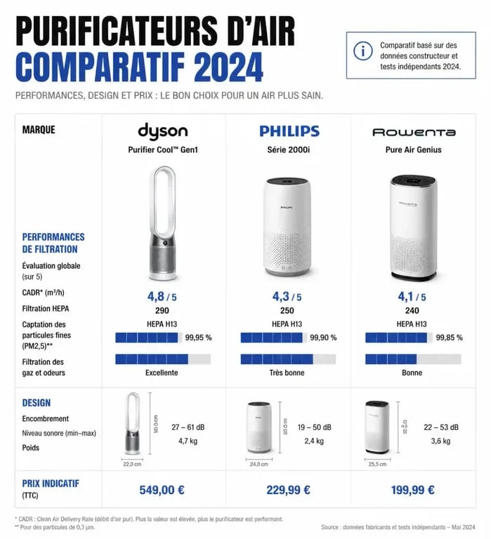 Comparatif des purificateurs d'air Dyson, Philips et Rowenta : efficacité, prix et avis