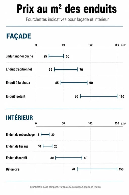 Tableau récapitulatif du prix de l'enduit au m2 pour façade et intérieur