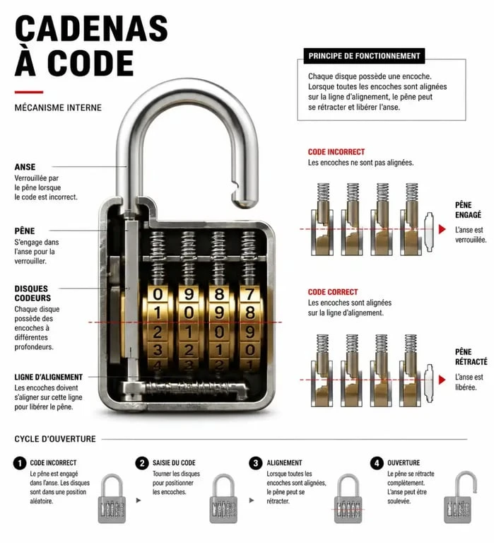 Schéma explicatif du fonctionnement interne d'un cadenas à code