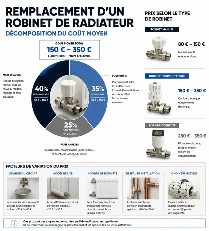Infographie du prix moyen pour le changement d'un robinet de radiateur par un plombier professionnel