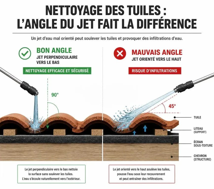 Schéma technique illustrant la bonne et la mauvaise méthode de nettoyage toiture karcher pour éviter les infiltrations