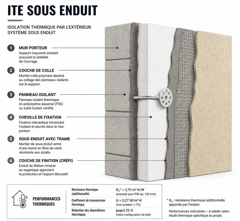 Schéma technique d'une isolation thermique par l'extérieur avec crépi isolant