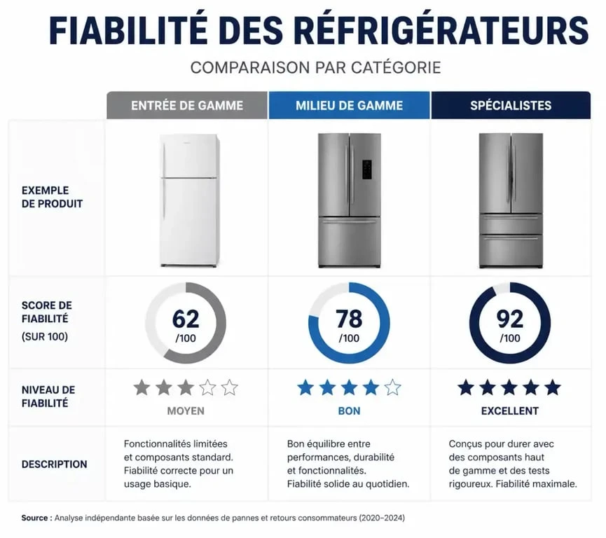 Infographie comparative de la fiabilité des marques de réfrigérateurs pour éviter les pannes fréquentes et choisir un modèle durable