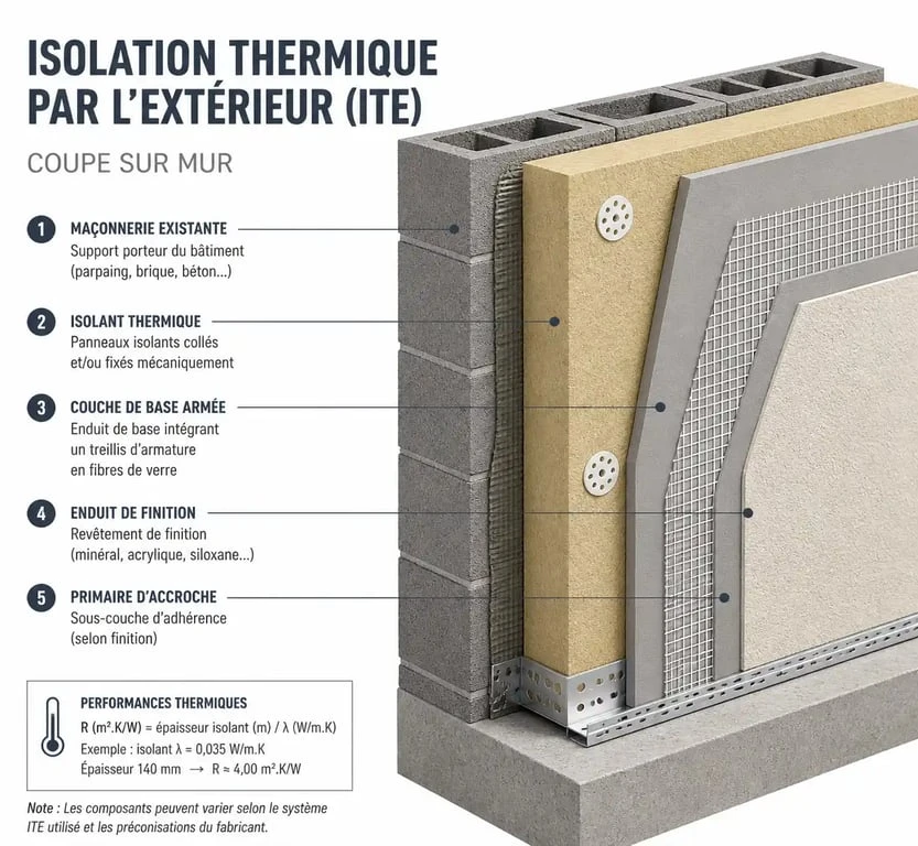 Schéma technique d'une isolation thermique par l'extérieur (ITE) lors d'un ravalement de façade
