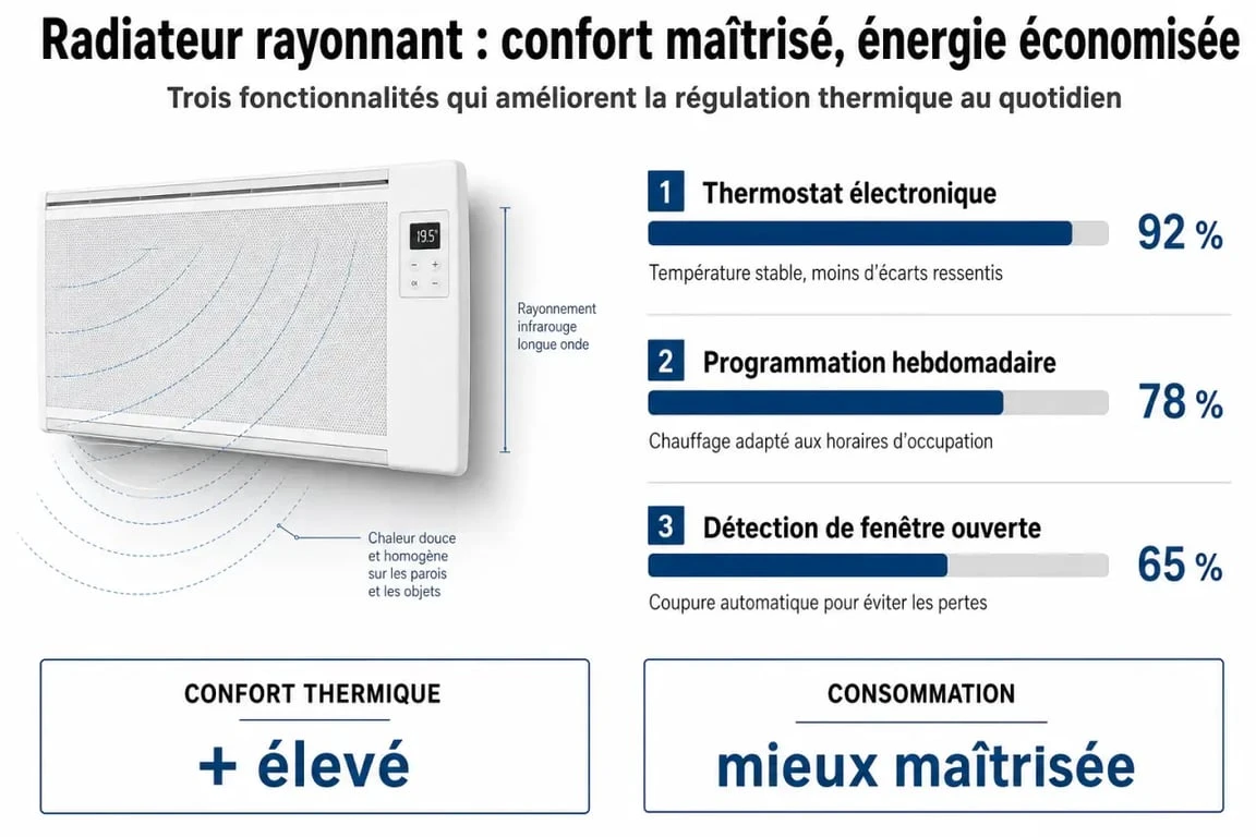 Infographie sur l'impact des fonctionnalités d'un panneau rayonnant sur la consommation énergétique et le confort thermique.