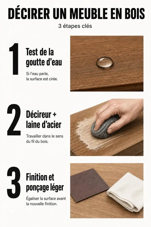 Étapes pour enlever la cire sur un meuble en bois : test, décirage et finition.