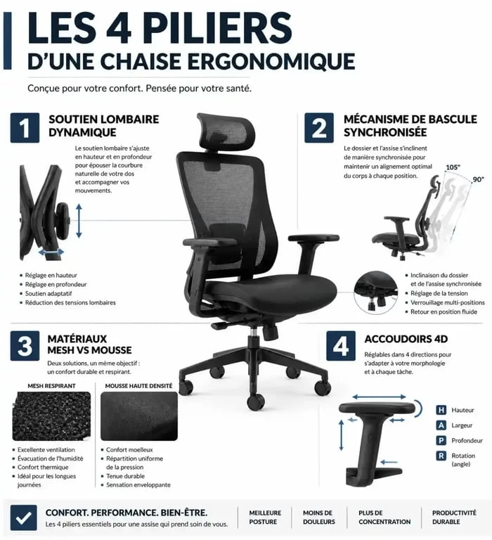 Infographie des 4 piliers pour choisir la meilleure chaise ergonomique 2025