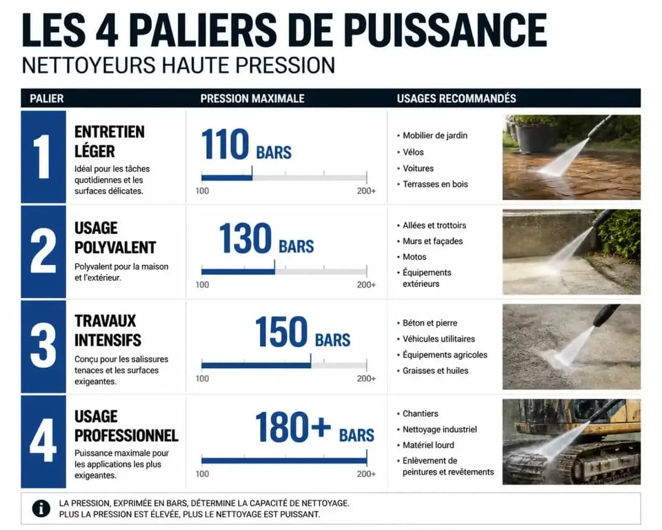 Infographie des paliers de puissance pour choisir son nettoyeur haute pression Karcher selon l'usage