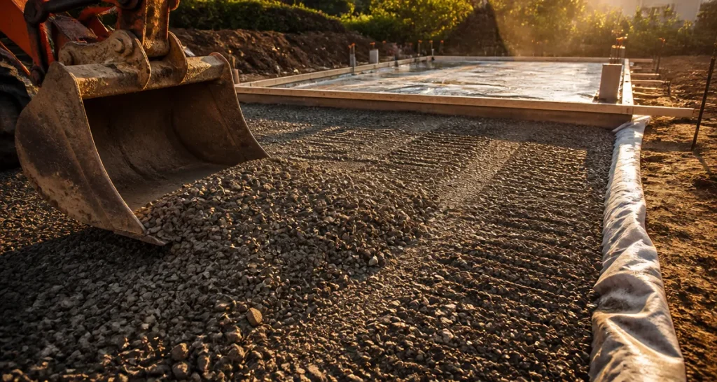 Gravier sous dalle 20/40 compacté sous géotextile avant dalle béton