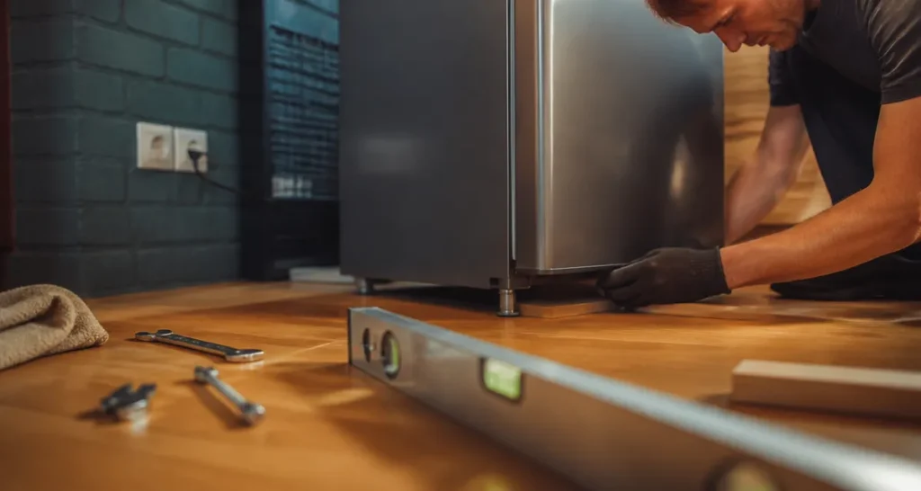 Installation frigo : technicien règle le niveau et la hauteur pour protéger le compresseur