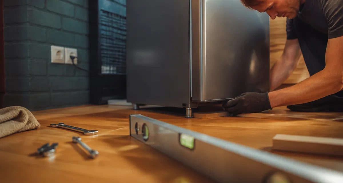 Installation frigo : technicien règle le niveau et la hauteur pour protéger le compresseur