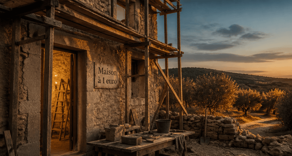 maison 1 euro pouilles en rénovation au crépuscule