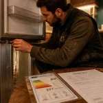 Meilleur marque réfrigérateur : technicien vérifie charnière et joint