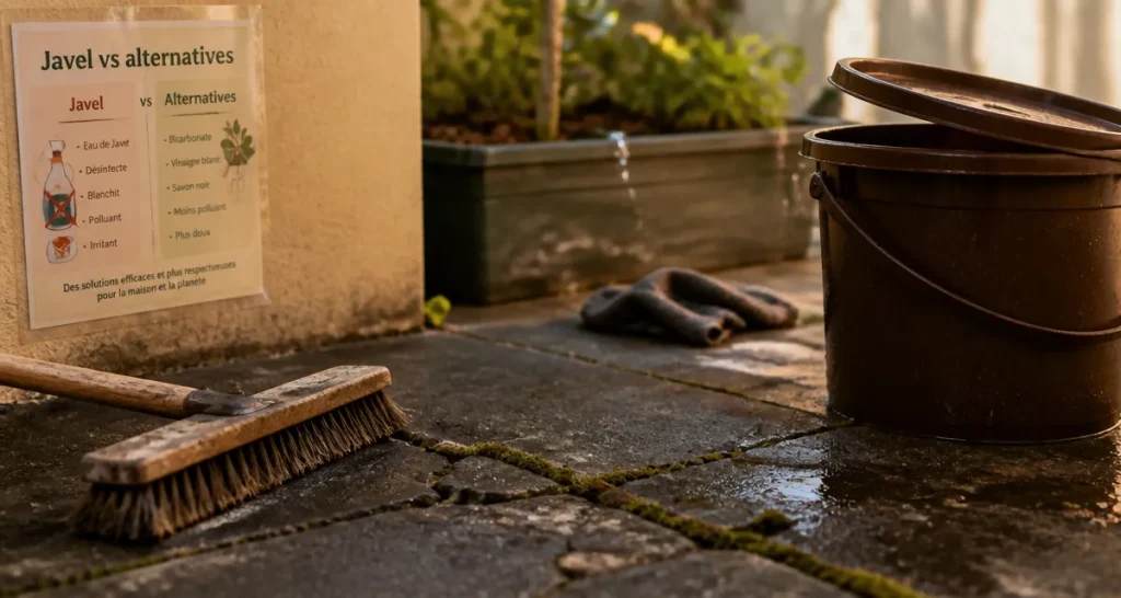 Nettoyage dalle terrasse javel : mousses dans les joints, alternatives à la javel