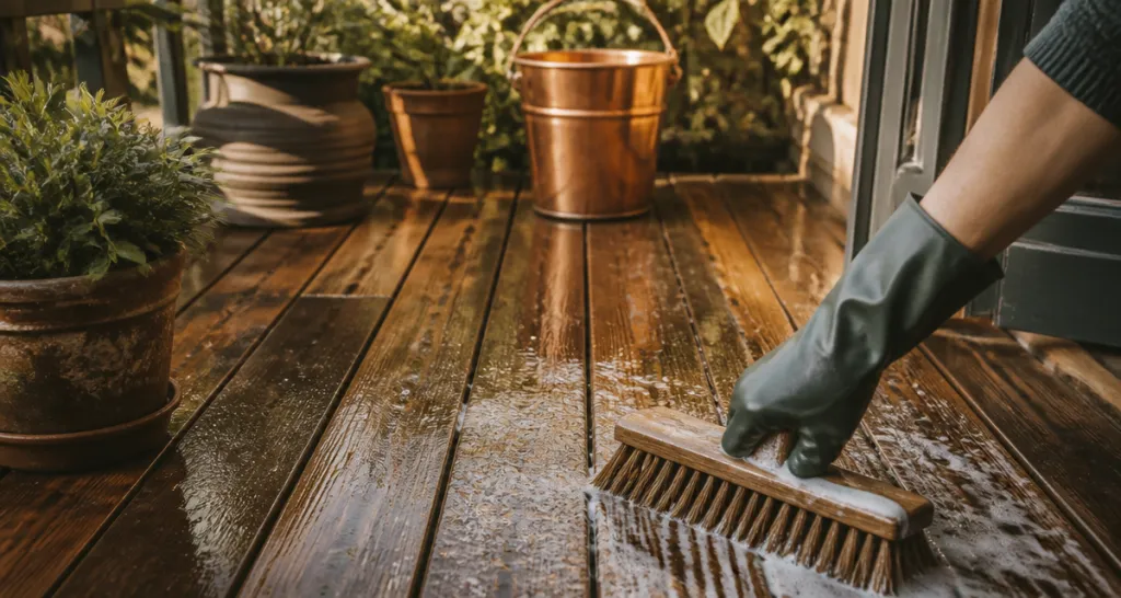 nettoyage terrasse bois savon noir brossage main