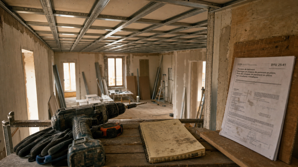 Plafond autoportant distance, pose selon DTU 25.41 sur chantier